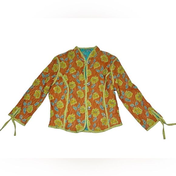Reversible Orange Blue Floral Light Jacket Spring Coat Two Sided Three Button Up - Picture 2 of 10